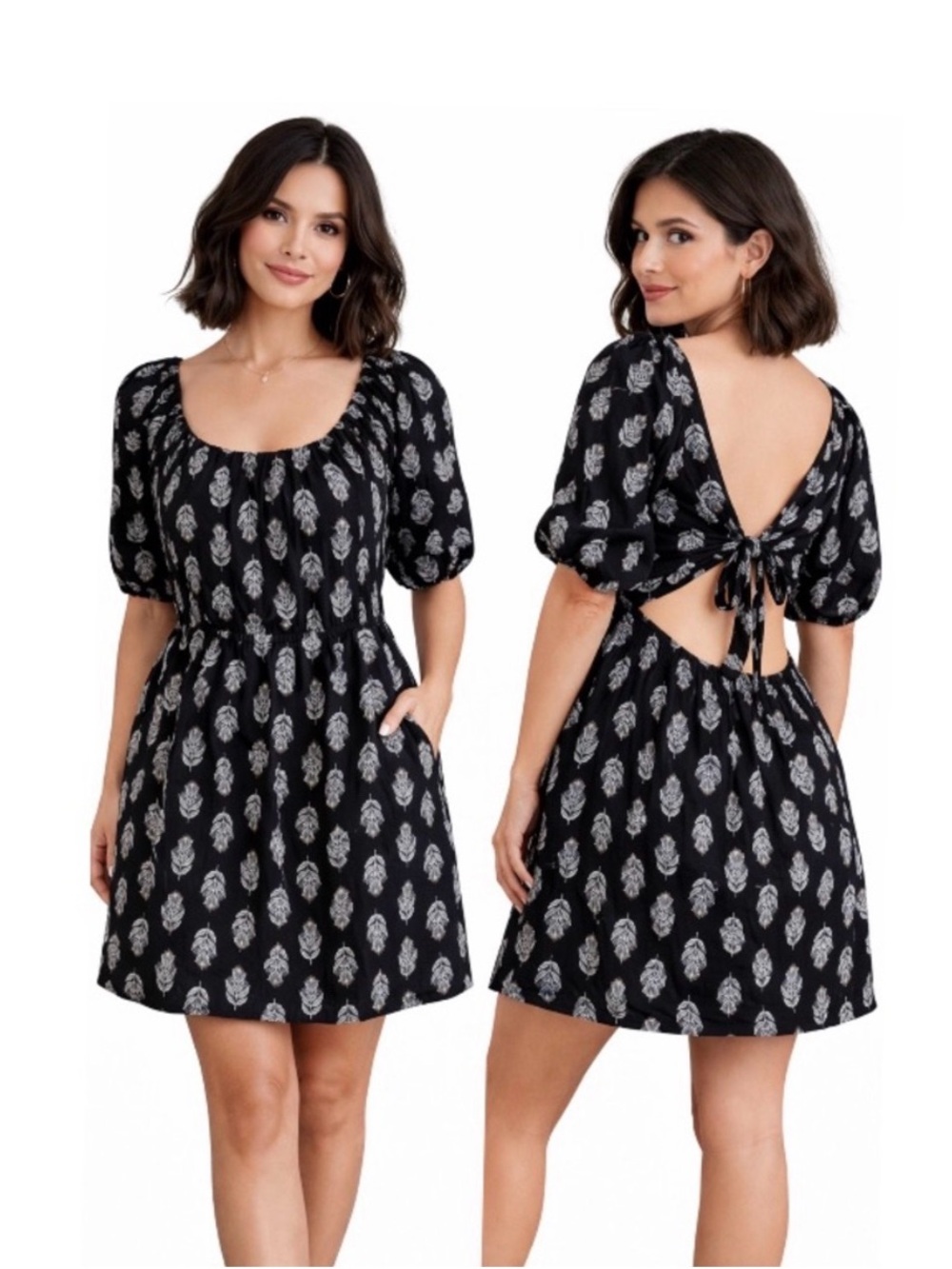 Old Navy Women’s Mini Swing Dress Black Floral Lined Tie-Back Puff Sleeve M NWOT
